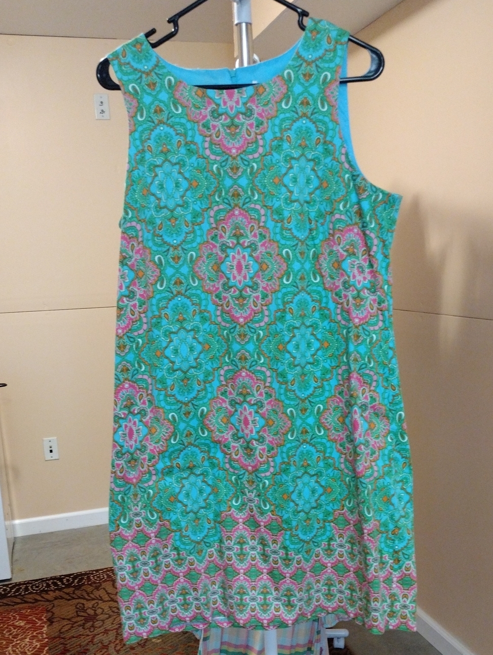 Sleeveless Aqua and Pink Medallion Shift Dress